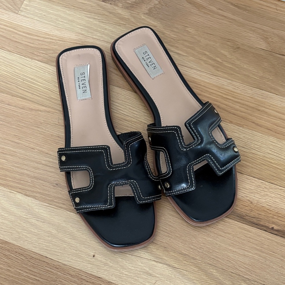 Steven by Steve Madden Black Leather Slide Sandals